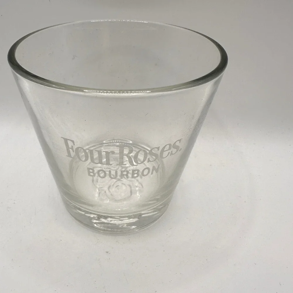 VTG Four Roses Bourbon Rocks Glass Clear Etched Logo Embossed Rose Base Barware